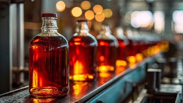 Bottles of rich amber liquid gleam on a production line, hinting at artisanal craft and premium quality beverages.