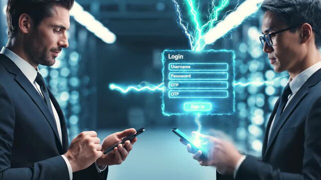 Two men in suits interact with smartphone, accessing virtual login screens with security elements