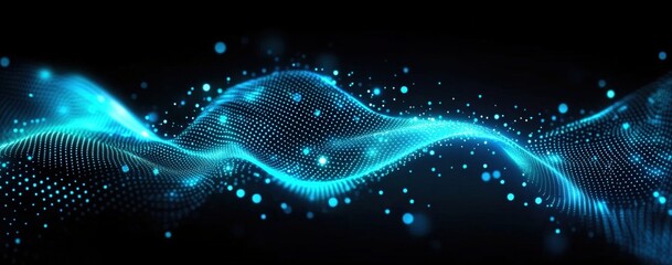 A vibrant wave of blue digital particles creates a mesmerizing visual effect against a dark background, symbolizing technology and innovation.