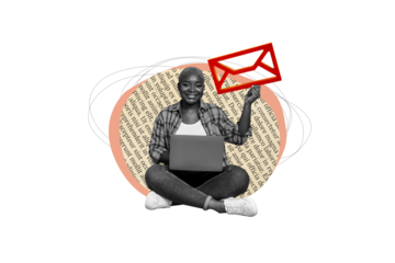 Composite creative art collage of happy american gild hold letter icon message correspondence laptop isolated on painted background