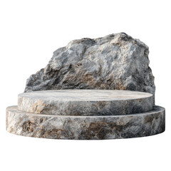 A natural stone podium with two circular tiers and a rugged rock background isolated against a black backdrop