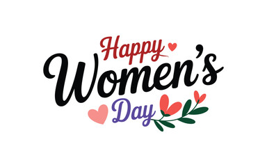 Happy womens day lettering with hearts and flowers isolated on white background