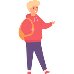 Young Blond Haired Boy In A Red Hoodie And Purple Pants With An Orange Backpack Standing And Waving On A White Background