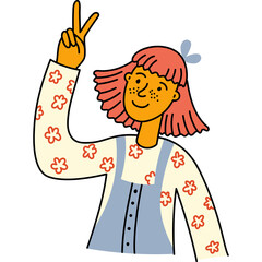 Young Girl With Pink Hair And Freckles Making Peace Sign Wearing A Floral Shirt And Blue Overalls On Transparent Background