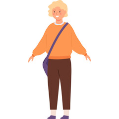 Young Person With Blonde Hair Wearing An Orange Sweater And Brown Pants Carries A Purple Bag Standing With Arms Outstretched And A Smiling Expression On White Background