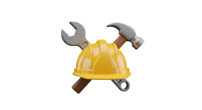 Yellow hard hat with crossed hammer and wrench 3 d construction tools icon