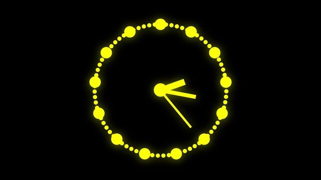 Neon yellow clock with glowing hands on dark backdrop, modern digital time interface animation. Glowing Yellow Clock Face with Hands on Black Background time neon.