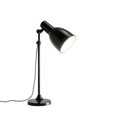 Black desk lamp with a bright focused light against a black backdrop
