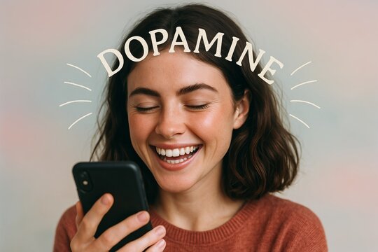 Young woman smiling as she receives good news at smartphone with dopamine text concept