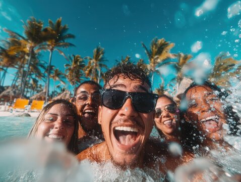 A joyful group of friends enjoying a luxurious poolside day, splashing water and creating unforgettable summer memories together