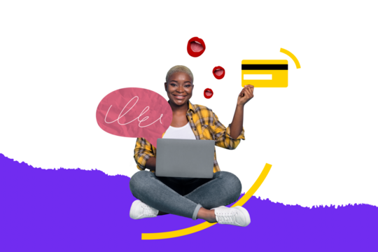 Composite photo collage of smile american girl hold credit card do macbook online shopping black friday sale isolated on painted background - Powered by Adobe