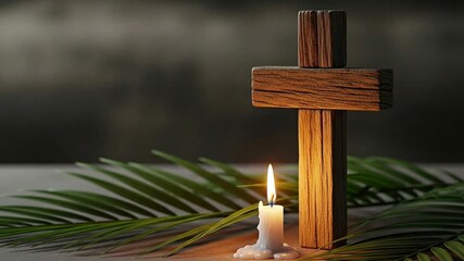 Sacred wooden cross with serene palm leaves and glowing candle light