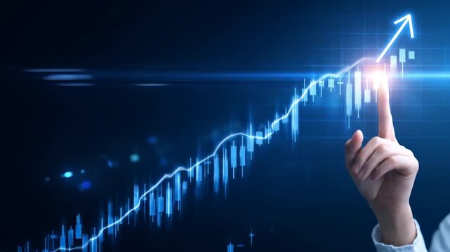 Ascending graph and an arrow, a finger touches the peak in a blue-lit graphic