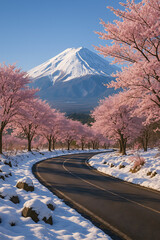 Mount Fuji Cherry Blossom Spring Landscape: Japan Snow Road Scenic View
