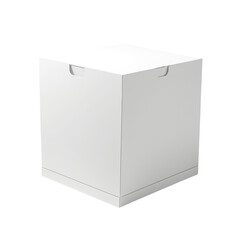 White, square, blank cardboard box with handles on the top edge, against black