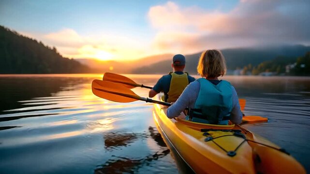 Couple kayaking on lake at sunrise, mist and reflection on water, teamwork and tranquility, adventure and intimacy, nature harmony, relationship bonding, outdoor love, peaceful con