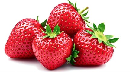 Fresh Ripe Strawberries with Green Leaves on White Background