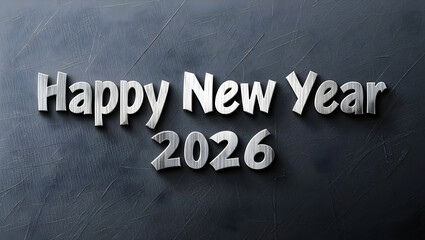 Fototapeta premium Silver Happy New Year 2026 text on dark textured background image 1