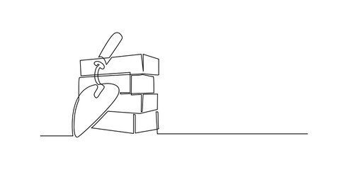 One-Line Drawing of Bricks and Trowel on White Background, Vector Illustration.