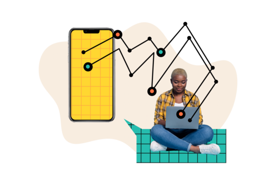Artwork 3d realistic collage of charming woman analyzing successful stats modern technology isolated on drawing background - Powered by Adobe