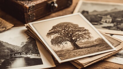 Stack of Vintage Sepia-Toned Landscape Photos. Trees and Nature Scenes Captured in Classic Warm Tones.