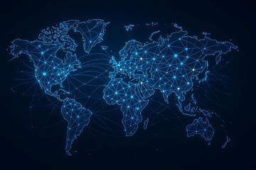 Digital world map illuminated by blue lights and circuits