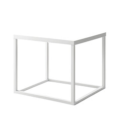 Minimalist white cube table floating against a black, blank background