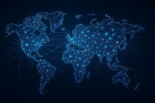 Digital world map illuminated by blue lights and circuits