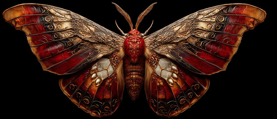 gothic realistic moth / butterfly with vampire and halloween inspired patterns on her wings isolated over black background