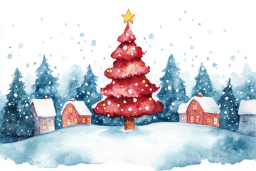 Fototapeta premium Watercolor Christmas houses landscape in snow, christmas house scene, pine tree, Countryside watercolor landscape illustration of winter