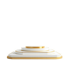 Elegant, tiered, white podium with gold trim against a stark black background