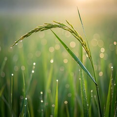 Fototapeta premium Close up of a dew covered rice stalk in a green field at sunrise