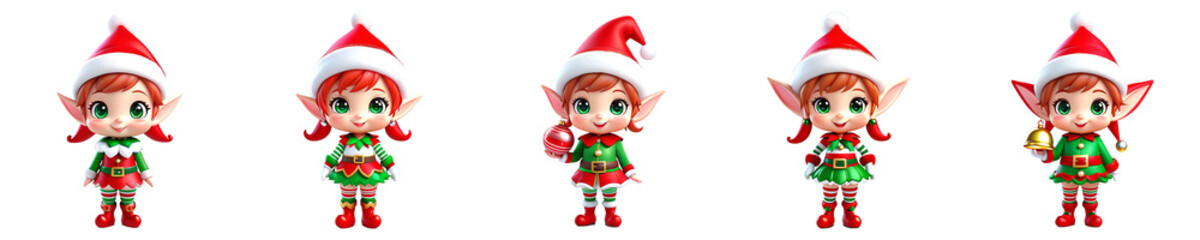 set of Christmas elf character Isolated on transparent background. features joyful elf characters in vibrant holiday attire, displaying different poses and expressions, ideal for festive projects and