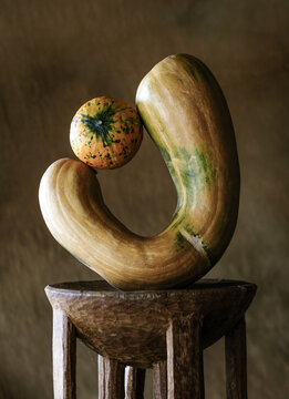 sculpture  artistique de l&eacute;gumes  , courge et potimarron , en &eacute;quilibre 