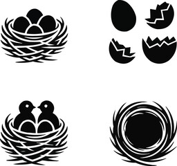 Bird Nest Glyph Icon Set  Solid Nests and Eggs Silhouette Collection