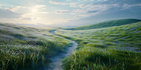 Sunlit Green Meadow Path Serene Nature Landscape View
