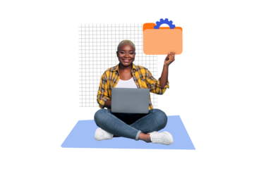 Trend artwork template design collage sketch of young woman work laptop hold file folder job workspace entrepreneur profession employment