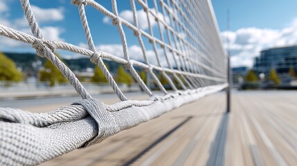 Obraz premium Perspective View of Outdoor Volleyball Court on Sunny Day, Showcasing Sports Equipment and Setup