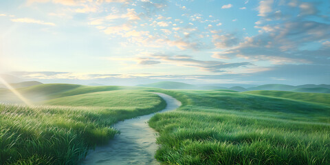 Bright Horizon Path Green Field Serenity & Sunlight. Nature's Endless Journey Vision.
