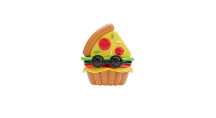 Playful cupcake with pizza slice and sunglasses 3 d render illustration