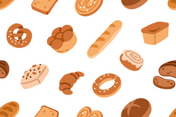 Bakery pattern. Seamless background design, repeating print with baked food, bun, artisan bread, baguette and croissant. Endless texture for textile, wrapping, package. Flat vector illustration