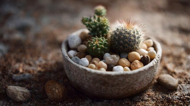 A miniature cactus garden is planted in a shallow stone dish filled with decorative pebbles and sand