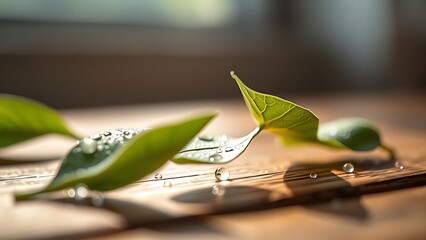 Obraz premium Close-up of fresh tea leaves on a wooden surface, glistening with morning dew under soft natural light.
