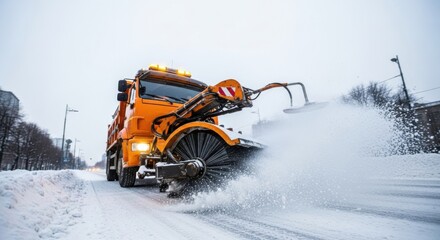 Efficient winter road maintenance with snowplow clearing snow on city streets