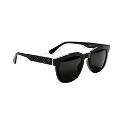 Black square-framed sunglasses, set against a stark, black background