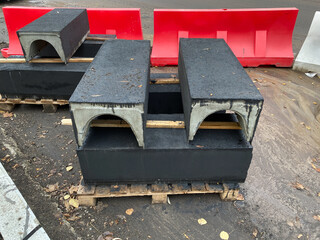 Precast concrete cable duct troughs. Stack of trench duct. Installation and protection of wires or...