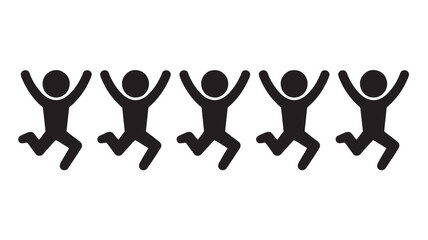 Row of stick figures jumping for joy simple flat vector illustration for positive concepts isolated on white background