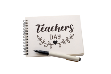 Teachers Day handwritten on spiral notebook with pen, featuring heart and leaf flourish decoration, isolated on a transparent background