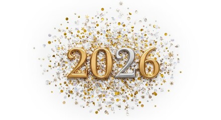 Festive Celebration Background with Glittering Decor and Year 2026 in Gold and Silver Colors