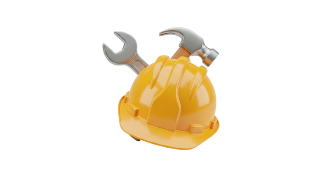 Construction safety helmet wrench hammer building tools work concept